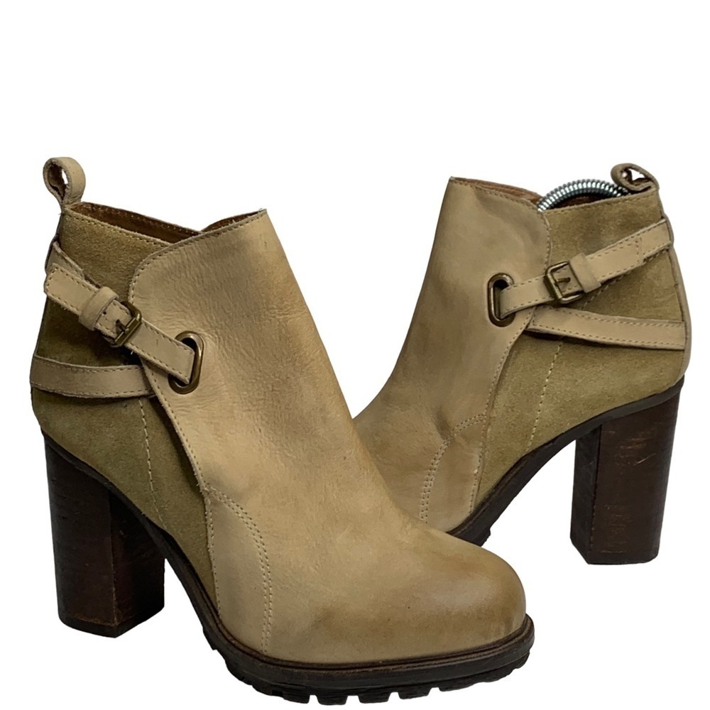 Rebel Beige Taupe Lug Sole 3.4” Stacked Wooden Heel Tall Ankle Boots Size 37